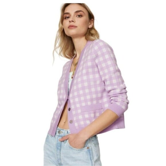 Maje Mystyle Cardigan Size 4 XL Purple White Gingham Check...